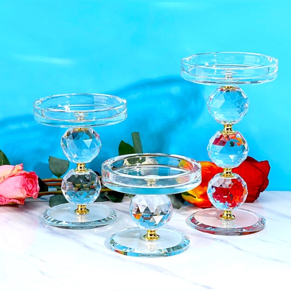 Gold Crystal Glass Pillar Candlestick Holders Set of 3 with Candles Centerpiece - Picture 3 of 5